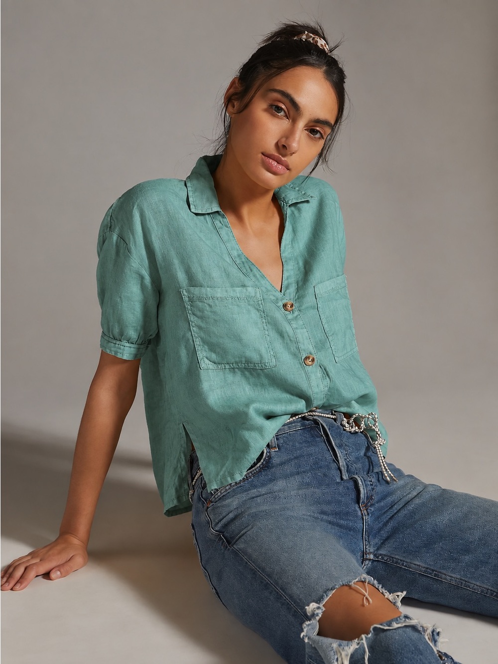 Anthropologie Pilcro Linen Surf Buttondown Top Size 2X Sea Foam Green
